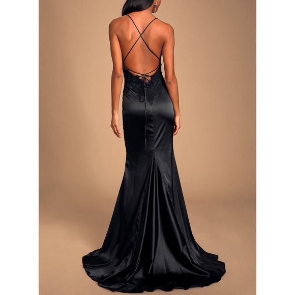 Lulus Satin Lace Trim Evening Gown Formal Maxi Dress Size 8 Party Prom Y2K Goth - Picture 2 of 12